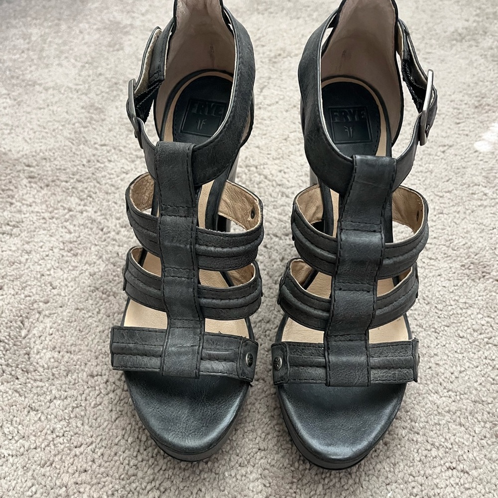 Frye leather cage platform heels.  4 inch heel height.